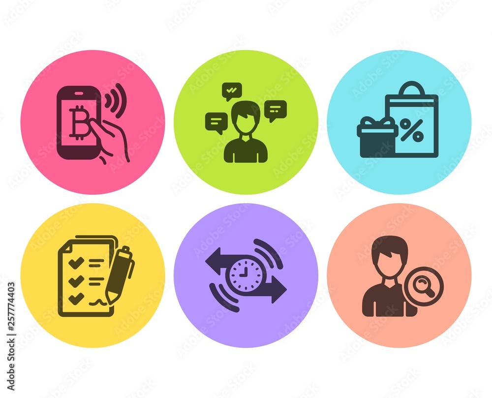 Poster bitcoin pay, timer and survey checklist icons simple set. shopping, conversation messages and search