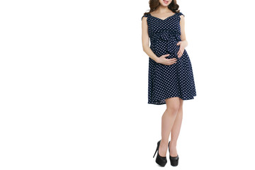 Pregnant woman in retro dress isolated white background