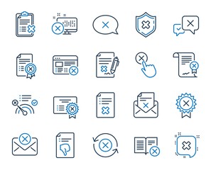 Reject or cancel line icons. Set of Decline certificate, Cancellation and Dislike icons. Refuse, Reject stamp, Disapprove or cancel. Wrong agreement, delete certificate, checklist document. Vector