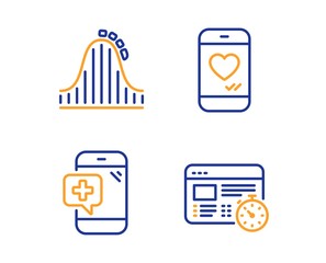 Love chat, Roller coaster and Medical phone icons simple set. Web timer sign. Smartphone, Attraction park, Mobile medicine. Online test. Technology set. Linear love chat icon. Colorful design set
