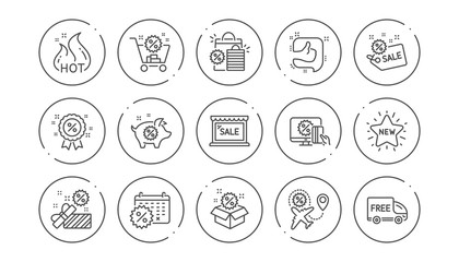 Discount line icons. Shopping, Sale and New. Hot offer linear icon set. Line buttons with icon. Editable stroke. Vector