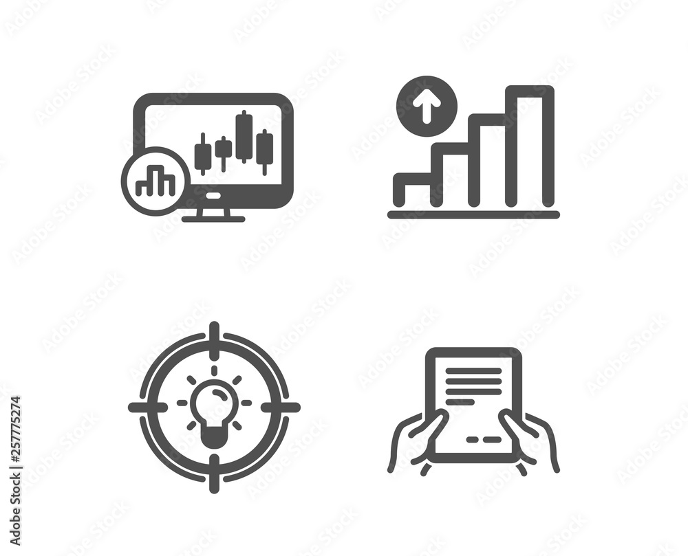 Poster set of graph chart, candlestick chart and idea icons. receive file sign. growth report, report analy