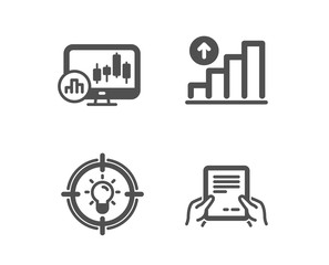 Set of Graph chart, Candlestick chart and Idea icons. Receive file sign. Growth report, Report analysis, Solution. Hold document.  Classic design graph chart icon. Flat design. Vector