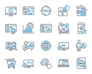 Seo line icons. Set of Increase sales, Business Ad strategy and Website optimization icons. Puzzle, Web seo timer and Analytics increase graph. Search engine, Ad sales pie chart, like icon. Vector