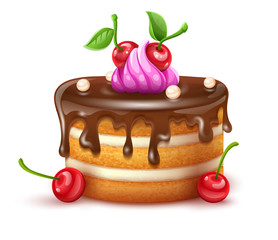 Birthday cake with chocolate creme and red cherries fruits. Sweet dessert food for holiday celebration or children party. Isolated on white transparent background. Eps10 vector illustration.