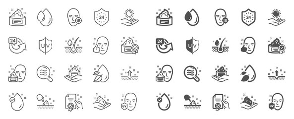 Skin care cosmetic line icons. Cream, Serum drop and Face gel or lotion icons. Uv protection. Oil, Vitamin E and Collagen symbols. 24 hour face care cream protection. Medical skin cosmetic. Vector
