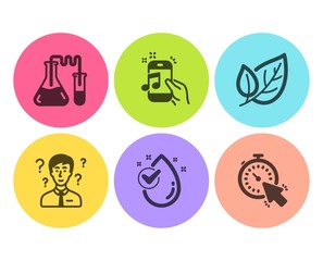 Chemistry lab, Leaf and Music phone icons simple set. Water drop, Support consultant and Timer signs. Medical laboratory, Ecology. Flat chemistry lab icon. Circle button. Vector