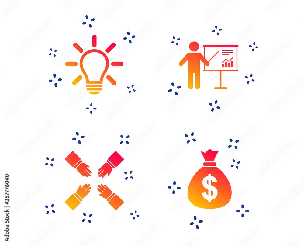 Poster presentation billboard icon. dollar cash money and lamp idea signs. man standing with pointer. teamw