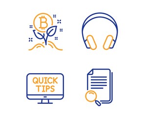 Headphones, Bitcoin project and Web tutorials icons simple set. Search file sign. Music listening device, Cryptocurrency startup, Quick tips. Find document. Technology set. Linear headphones icon