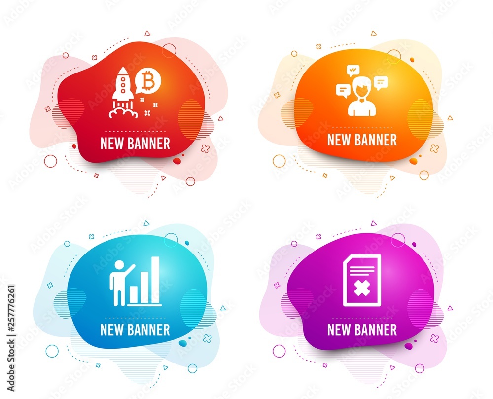 Poster liquid badges. set of conversation messages, graph chart and bitcoin project icons. delete file sign