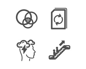 Set of Update document, Euler diagram and Mindfulness stress icons. Escalator sign. Refresh file, Relationships chart, Cloud storm. Elevator.  Classic design update document icon. Flat design. Vector