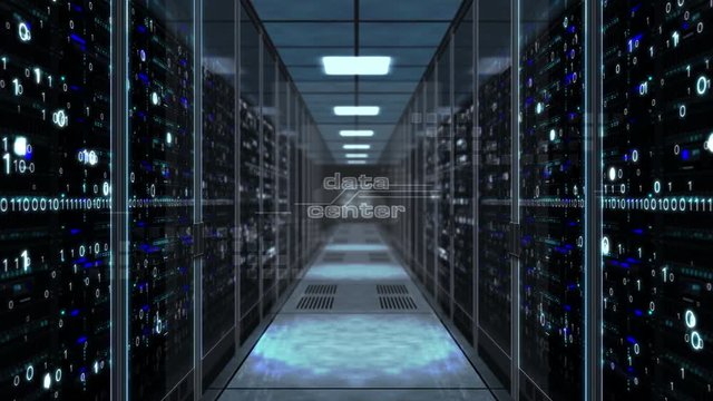 Data storage and digital computing concept with cloud symbol on glass door in server room. Flight through the corridor with large computer racks. Endless and loopable 3D abstract animation.