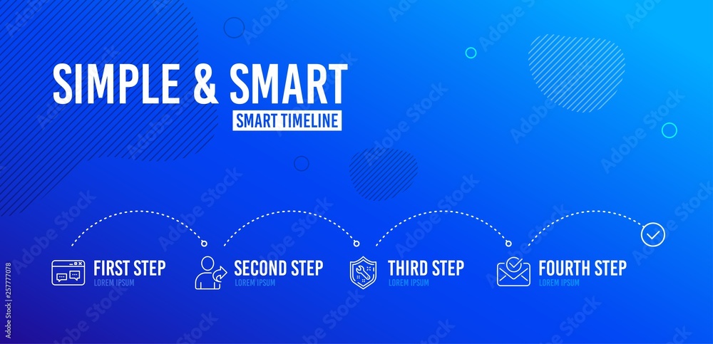 Poster infographic timeline. spanner, browser window and refer friend icons simple set. approved mail sign.