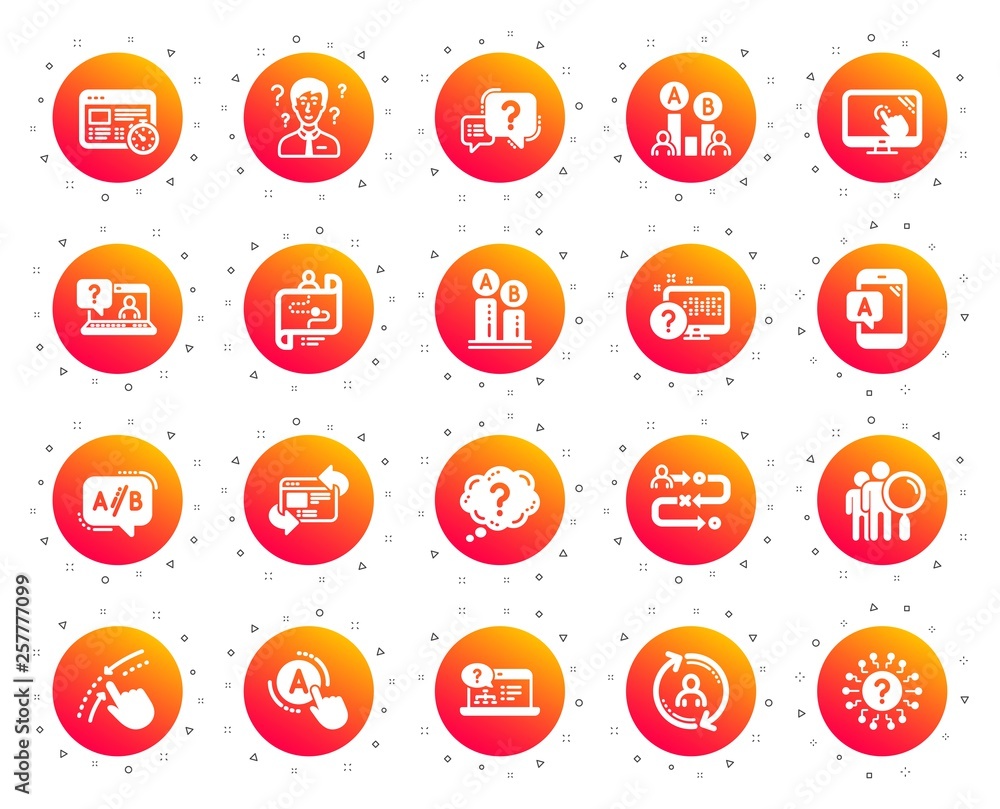 Poster ux icons. set of ab testing, journey path map and question mark icons. usability quiz test, ux ui an