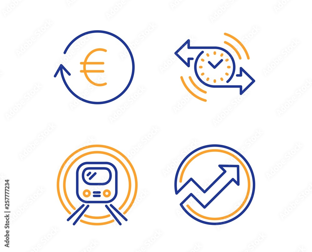 Poster timer, exchange currency and metro subway icons simple set. audit sign. stopwatch, reshresh exchange