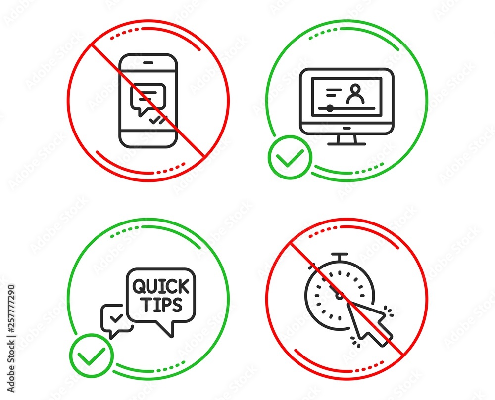 Poster do or stop. quick tips, message and online video icons simple set. timer sign. helpful tricks, phone