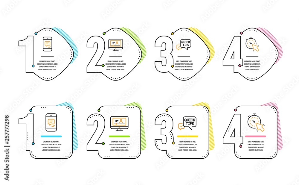 Poster quick tips, message and online video icons simple set. timer sign. helpful tricks, phone messenger, 