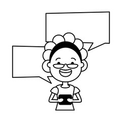 woman with smartphone and speech bubble character