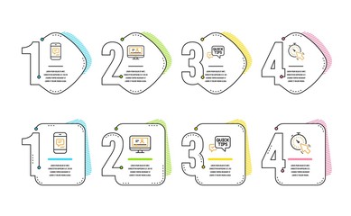 Quick tips, Message and Online video icons simple set. Timer sign. Helpful tricks, Phone messenger, Video exam. Time management. Technology set. Infographic timeline. Line quick tips icon. Vector