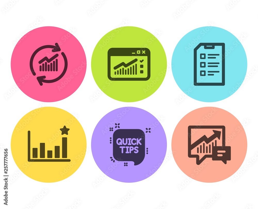 Poster quick tips, web traffic and efficacy icons simple set. update data, checklist and accounting signs. 