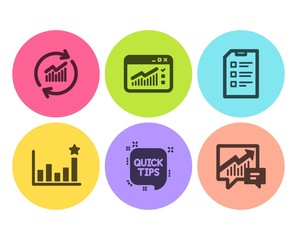 Quick tips, Web traffic and Efficacy icons simple set. Update data, Checklist and Accounting signs. Helpful tricks, Website window. Science set. Flat quick tips icon. Circle button. Vector
