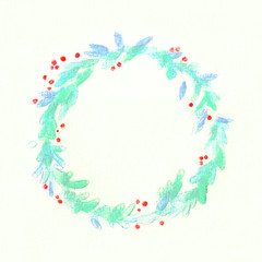 Square drawing watercolor turquoise wreath of leaves with bright red berries on the background of watercolor paper.