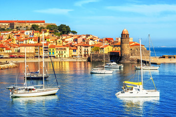 Collioure, France, a popular resort town on Mediterranean sea - obrazy, fototapety, plakaty