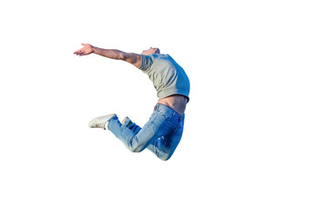 young athletic man jumping isolated on white background