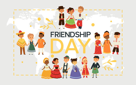 Children nationalities vector kids characters in traditional costume national dress of China Ukraine Spain culture illustration backdrop of international multicultural friendship background