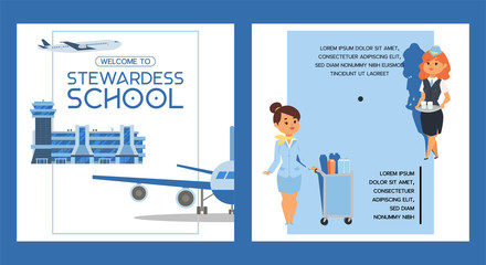 Obraz na płótnie Canvas Stewardess school vector flight crew steward pilot people studying to fly on airplane airliner in airport illustration woman character stewardess backdrop banner design background