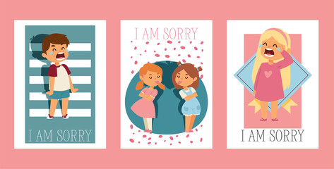 Forgive me vector kid character and children in quarrel forgiving sorry apology illustration set of forgiveness apologize card background crying girl boy friends backdrop