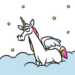 Sad unicorn pegasus unicorn clouds sky cartoon illustration isolated image animal character 