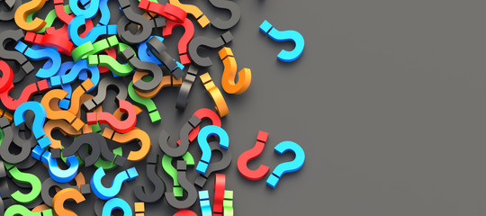 Colorful question marks on black background with empty space on right side. 3D Rendering