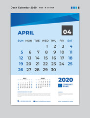 APRIL 2020 Month template, Desk Calendar for 2020 year, week start on sunday, planner, stationery, Blue Concept, vertical layout vector, business printing design