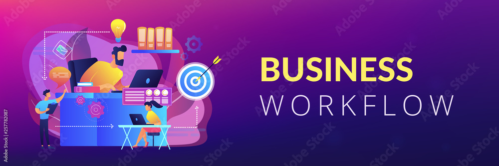 Poster business team and work process steps from idea to target. business workflow, business process effici