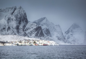 Traditional Rorbu House in Sakrisoy Fishing Village in Winter at Lofoten Islands in Wonderful Norway