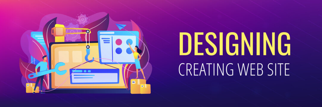 It professionals are creating web site on the laptop screen. Website development or web application, coding, designing for web browsers concept. Violet palette. Header or footer banner template.