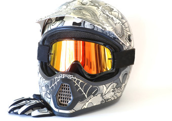 Motocross Helmet and Goggles and Gloves with copy space