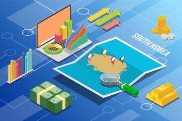 Obraz premium south korea isometric business economy growth country with map and finance condition - vector illustration