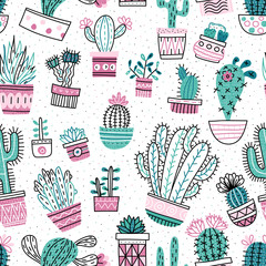 Seamless pattern with cactuses and succulents
