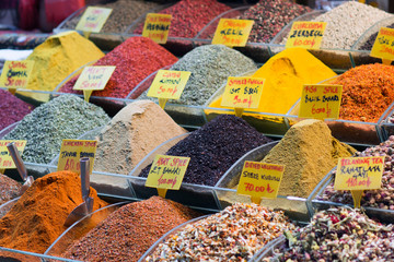 Turkish spices in the Grand Spice Bazaar. Colorful spices in sale shops in the Spice Market of Istanbul, Turkey
