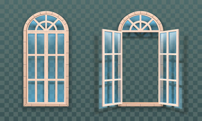 Open and closed windows isolated. Woodens frames and glass. Vector illustration.