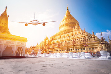 Front of real plane aircraft, on Shwezigon Pagoda,Myanmar background