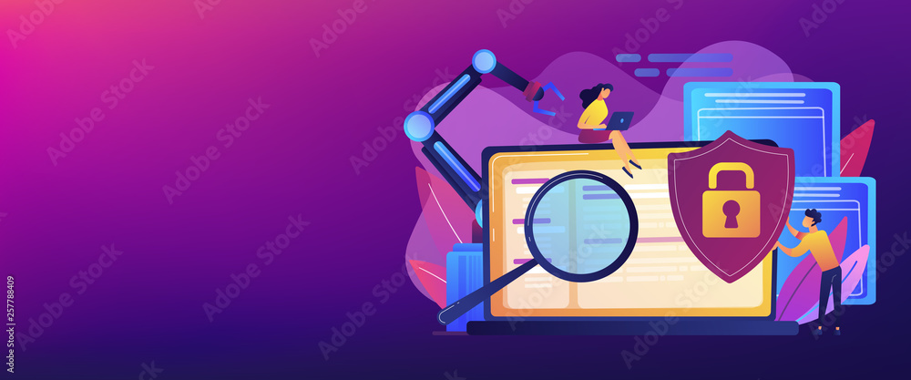 Poster developers, robot work at laptop with magnifier. industrial cybersecurity, industrial robotics malwa