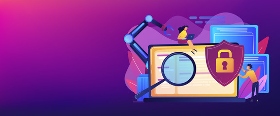 Developers, robot work at laptop with magnifier. Industrial cybersecurity, industrial robotics malware, safeguarding of industrial robotics concept. Header or footer banner template with copy space.