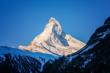 Beautiful view of the Matterhorn Mountain in winter, Zermatt, Switzerland.