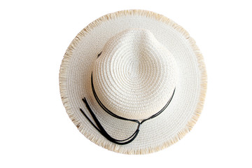 Top view vintage pretty straw hat isolated on white background