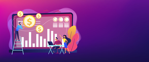 Obraz premium Tiny business people and analysts transforming data into money. Data monetization, monetizing of data services, selling of data analysis concept. Header or footer banner template with copy space.