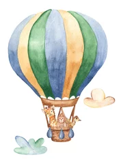 Foto op Aluminium Dieren in luchtballon Aquarelkaart met een ballon en schattige dieren. Geweldig voor babyborrels, kaarten, uitnodigingen, babyontwerp en kleding.