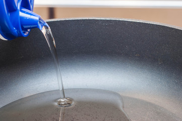 Sunflower oil in a black frying pan to avoid burning when cooking